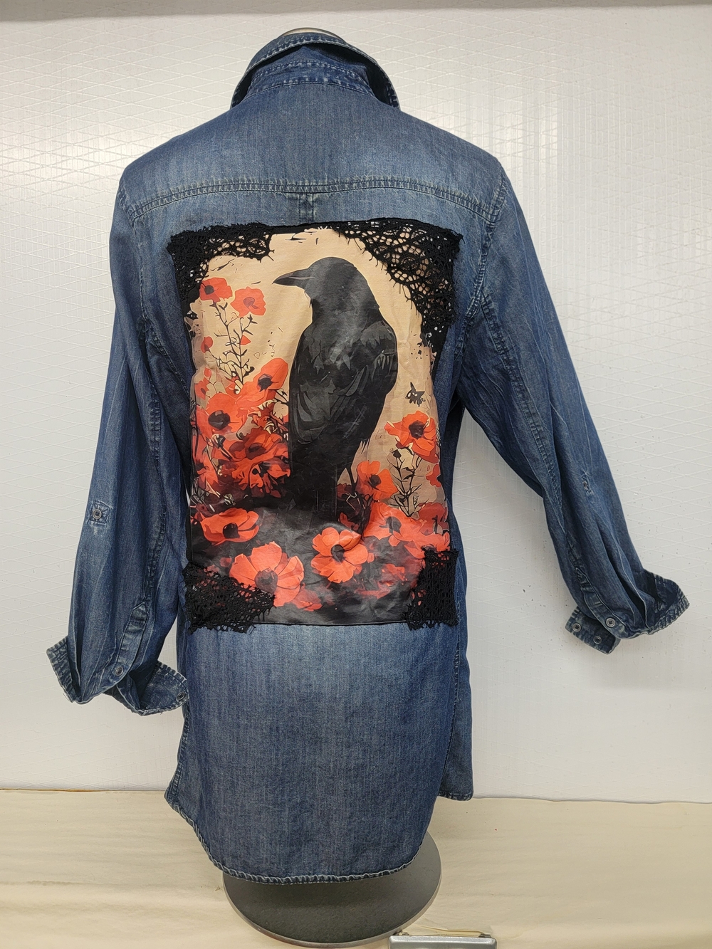 Raven & Red Poppies Denim Shirt - Shacket Handcrafted Upcycle